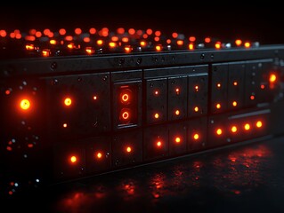 Dark metallic panel with glowing red lights.