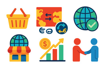 Global business icons set – flat, filled, commerce and trade symbols