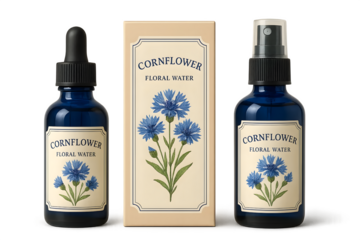 Two bottles of cornflower floral water and a box, featuring a floral design with blue cornflowers. Concept Cornflower Floral Water, Elegant Packaging, Floral Design, Blue Cornflowers