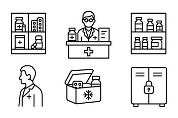 Pharmacy and medical line icons set – outline, health, and treatment symbols