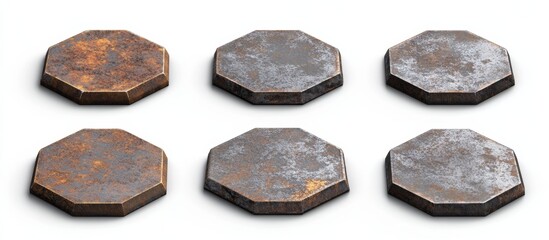 Six octagonal rusted metal discs