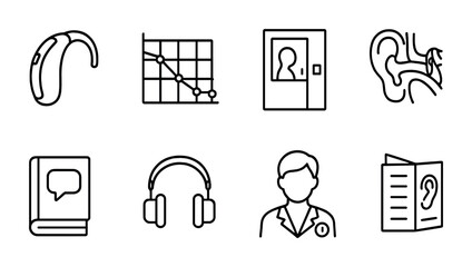 Hearing and audiology icons set – outline, linear, ear health and care symbols