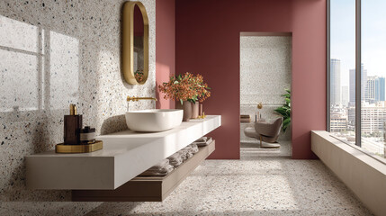 Modern bathroom interior showcasing terrazzo tile flooring and walls, gold accents, and a sleek floating vanity, creating a luxurious and minimalist design aesthetic