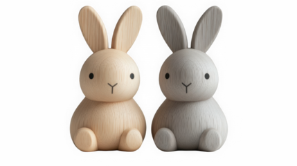 Realistic studio photo of a collection of two chubby wooden bunny toys, sitting side by side, front view, made of smooth lathed wood, matte finish with muted pastel paint, close-up.