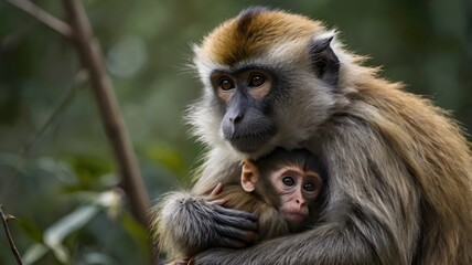 Obraz premium A Mother's Embrace: A tender moment between a mother monkey and her infant as they cuddle amidst lush foliage, showcasing the powerful bond of maternal love in nature. 