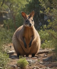 Rock wallaby foraging amongst sparse vegetation, alert expression, desert, marsupial, wild animal