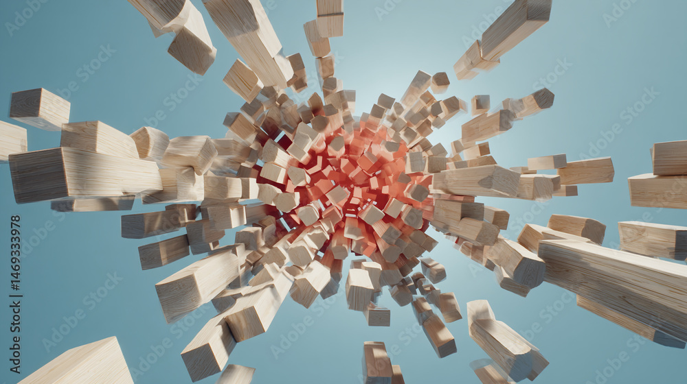 Aufkleber Abstract image of numerous light beige and coral wooden blocks, creating a dynamic, three-dimensional explosion effect, showcasing design and texture