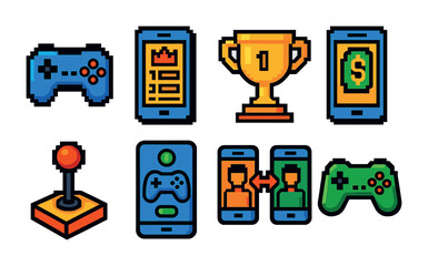 Gaming and esports pixel art icons set – retro, video game, joystick symbols