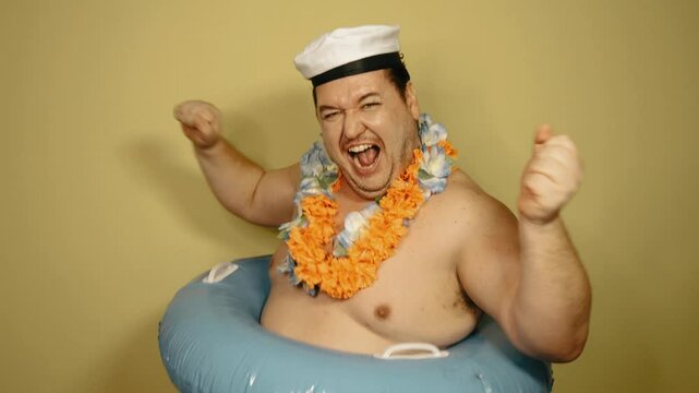 Funny fat man dreams of vacation.