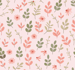 Handmade Repeating Pattern Of Stylized Leaves And Flowers On A Light Pink Background.
