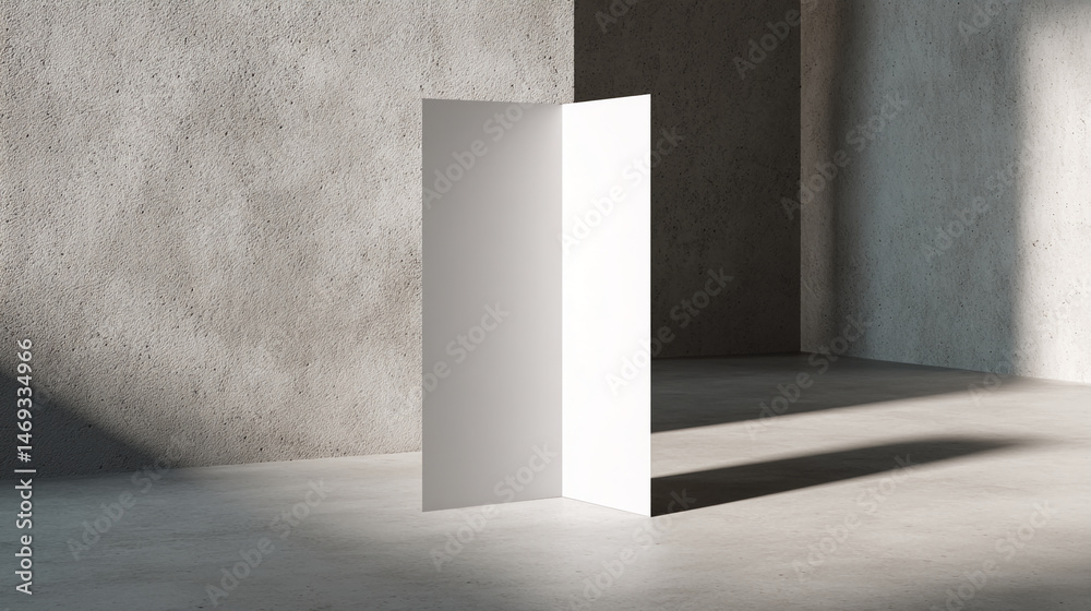 Poster blank white vertical display in minimalist concrete room, showcasing free space for advertisement or