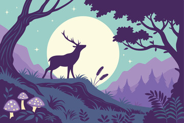 87 digital art, fantasy forest landscape, full moon, mystical deer silhouetted, glowing mushrooms, fireflies, vibrant colors, cinematic, highly detailed, 8k