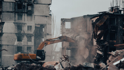 ruined street and destroyed houses the city war in Ukraine