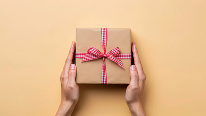 Top view hands holding gift box tied red, white checkered ribbon bow. Beige backdrop for holiday greetings. Presents for Valentine Day or birthday. Surprise gift packaging, craft paper