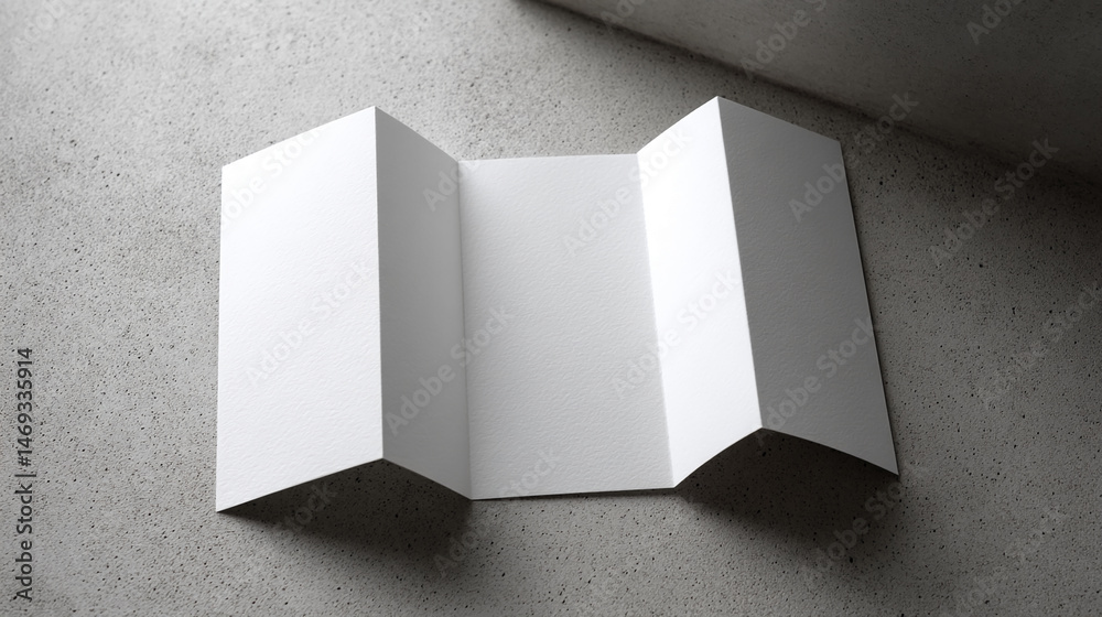 Aufkleber tri-fold white paper mockup on gray textured background, showcasing blank space for text or design, 