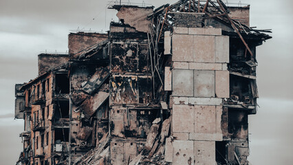 ruined street and destroyed houses the city war in Ukraine