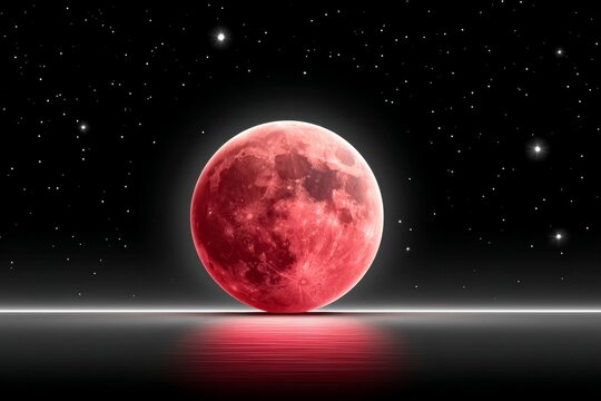 A flat vector of a red moon with clean glowing edge and black sky