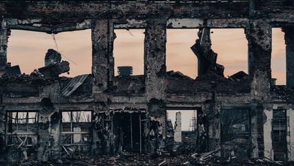 ruined street and destroyed houses the city war in Ukraine