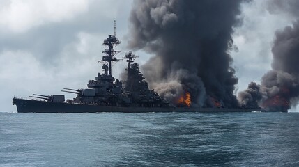 Fototapeta premium Naval vessel engulfed in flames at sea, creating a dramatic visual impact