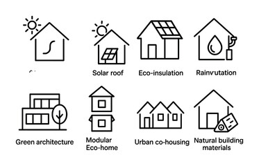 Eco-friendly housing outline icons set – green, sustainable, building symbols