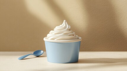 A Greek yogurt mockup with a glossy white surface and blue accents on a muted beige background 