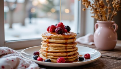 Stack of Fluffy Pancakes Topped with Fresh Berries and Maple Syrup by a Window in Winter