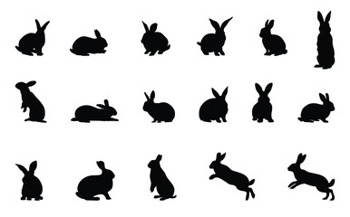 Cute rabbit shadow set. Different poses of rodent mammals. Vector illustration.