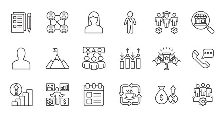 Business company icon set. Management icons. Contains symbol of finance, success, data, businessman, target, customer service, work, money, store, shop, meeting, education, idea. Vector illustration