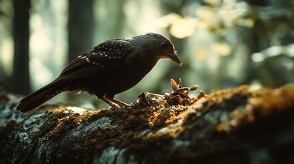 Elegant bird perched on a mossy branch in natural habitat forest background