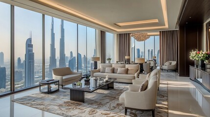Luxurious penthouse interior showcasing Dubai skyline and refined elegance