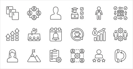 Business company icon set. Management icons. Contains symbol of finance, success, data, businessman, target, customer service, work, money, store, shop, meeting, education, idea. Vector illustration
