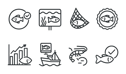 Naklejka premium Fishing industry line icons set – marine, outline, fishery and seafood symbols