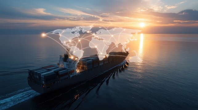 Un porte conteneur maritime avec en surimpression une carte mondiale avec des lights