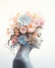 Dreamy Portrait of Woman with Blooming Pastel Flowers as Hair in Soft Light