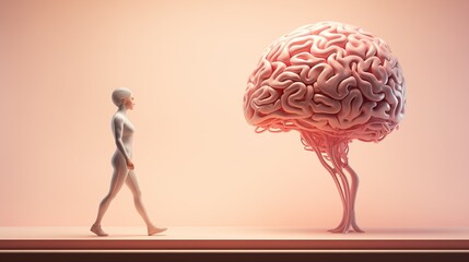 Futuristic Female Avatar Walking Toward Brain Structure in Minimalist Space
