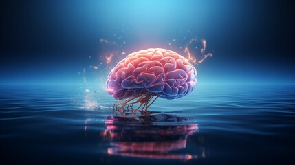 Neural Brain Floating in Tranquil Blue Water Representing Mind and Clarity