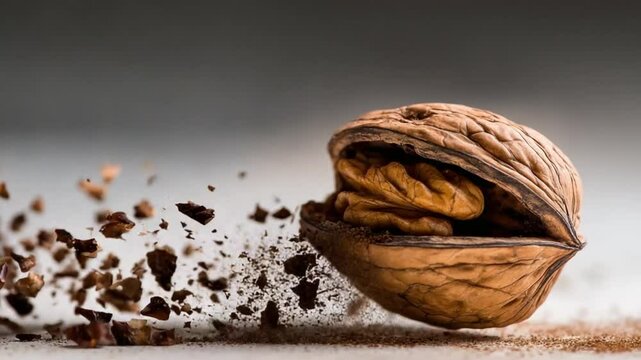 A walnut shell explosively breaking apart, revealing its inner nut, with fine particles scattering around