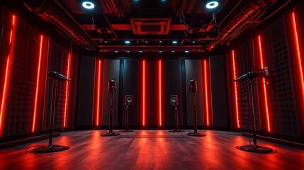 Sleek podcast studio illuminated by vibrant red neon lighting equipment