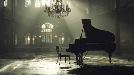 Atmospheric Grand Piano in an Abandoned Ballroom, Illuminated by Sunlight