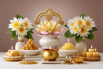 Obraz premium A traditional Lakshmi Puja altar decorated with flowers, diya, and gold coins
