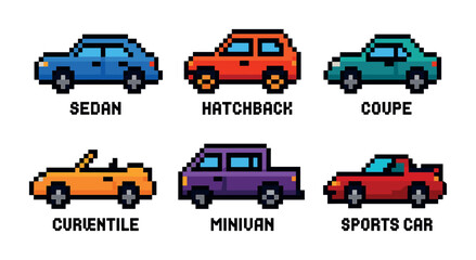Naklejka premium Vintage cars pixel art icons set – retro, isometric, classic vehicle symbols