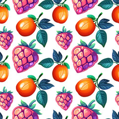 Seamless vector pattern with whole oranges, pink raspberries, and green leaves on a white background
