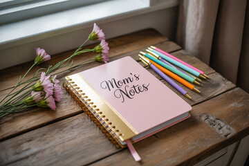 Still Life Featuring Moms Notes Pink Notebook Pastel Pens And Fresh Flowers On Rustic Wooden Surface