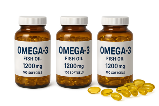Three bottles of Omega-3 fish oil softgels, each containing 1200 mg and 100 softgels, with a few softgels spilled out. Concept Omega-3 Fish Oil Benefits, Softgels Description, Spill Prevention Tips