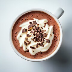 Rich hot chocolate topped with whipped cream and chocolate shavings.