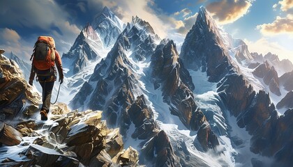 Fearless climber reaching for the sky, epic journey through majestic snow-covered mountains