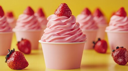 A strawberry yogurt mockup with glossy pink and red graphics on a muted yellow background 