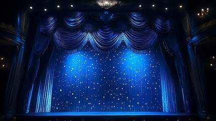 Theatrical Stage with Blue Velvet Curtains and Decorative Starry Patterns