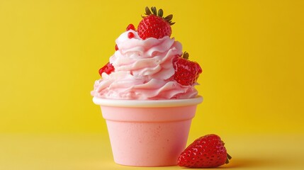 A strawberry yogurt mockup with glossy pink and red graphics on a muted yellow background 