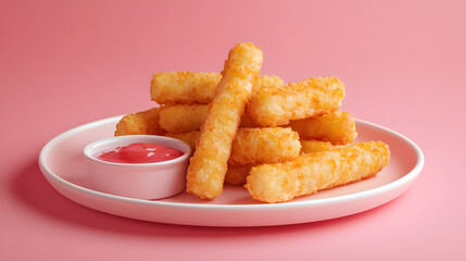 Pile of golden-brown, crispy food sticks, likely a fried appetizer, are served on a pink plate with a small bowl of pink sauce. The image is shot against a bright pink background.